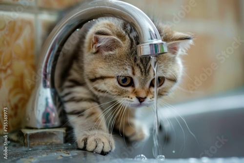 A Scottish Fold cat curiously investigating a dripping water faucet photo