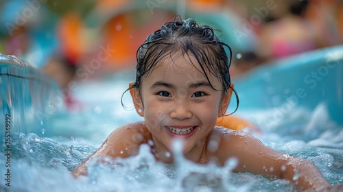 A happy Asian little girl having fun in water in water park with a blurry backdrop and water splashes and space for text or product, Generative AI. © Electro Unicorn