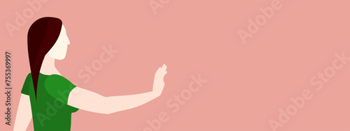 Woman says stop with her hand out in a no gesture with copy space in vector illustration
