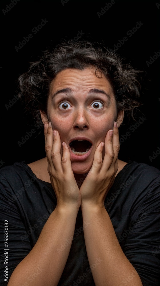 portrait of a woman with a shocked expression - hands on her cheeks portrait of a woman with a shocked expression - hands on her cheeks
