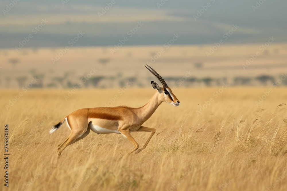 A swift gazelle bounding across the African plains, epitomizing grace and speed - obrazy, fototapety, plakaty 
