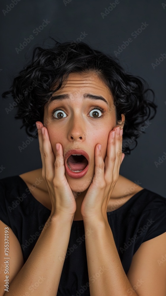 portrait of a woman with a shocked expression - hands on her cheeks portrait of a woman with a shocked expression - hands on her cheeks