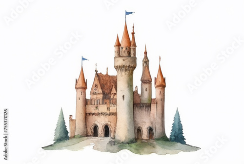 Watercolor illustration of a fairytale castle. Isolated on white background