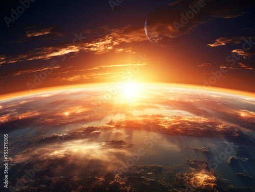 A view of the earth from space with the sun setting over the horizon