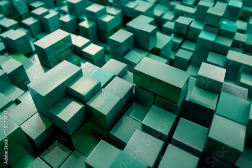 An array of 3D cubes in shades of green and teal  giving the impression of a dynamic  evolving structure