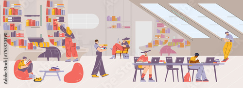 Modern library filled with people studying and relaxing among bookshelves and desks under natural skylight illumination