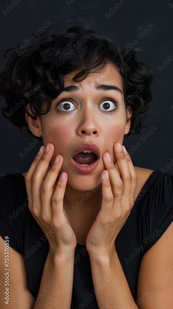 portrait of a woman with a shocked expression - hands on her cheeks portrait of a woman with a shocked expression - hands on her cheeks