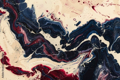 Burgundy and navy blue liquid merging on a cream marble, exuding sophistication and depth