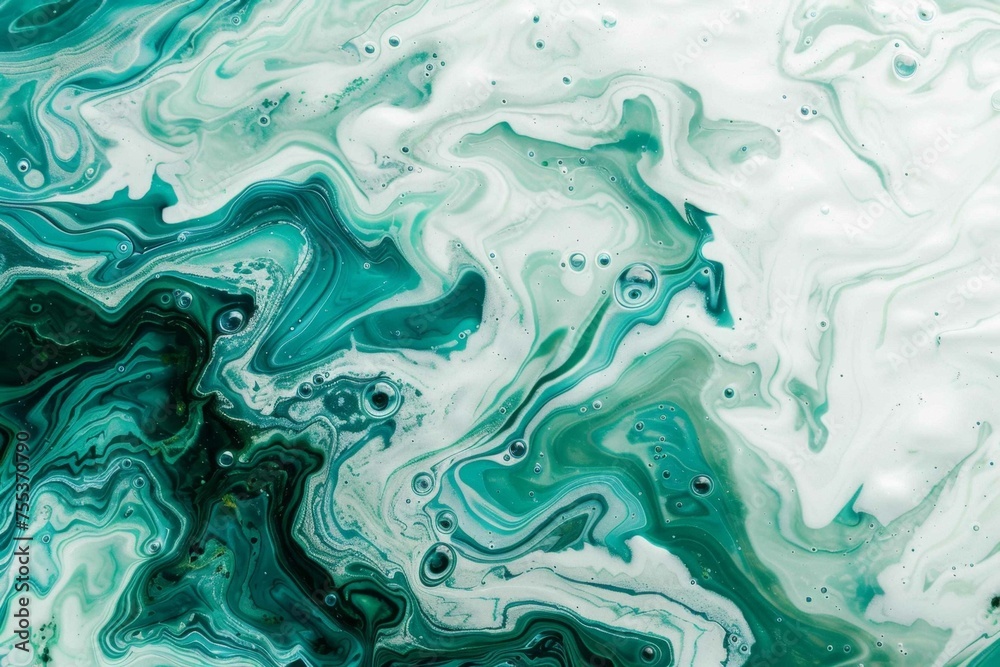 Turquoise and emerald green liquid patterns on a white marble, reminiscent of a serene, aquatic environment