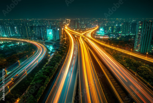 light trails on the road in shanghai china. long exposure