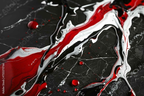 Ruby red and pearl white liquid intertwining on a jet-black marble, suggesting elegance and passion