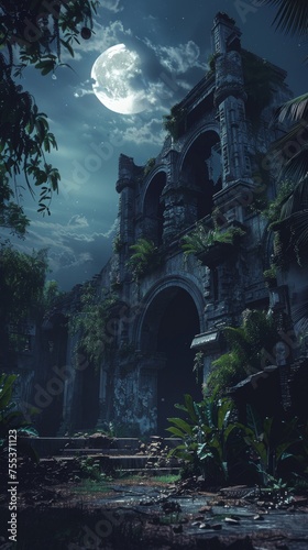 Abandoned Colonial Fort at Night Background - Haunting illustration of an abandoned colonial fort under the moonlight, its crumbling walls overtaken by the jungle created with Generative AI Technology