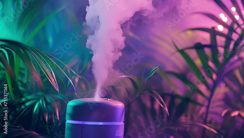 The mist nozzle of a humidifier surrounded by lush green plants emphasizing the natural moisture it provides. photo