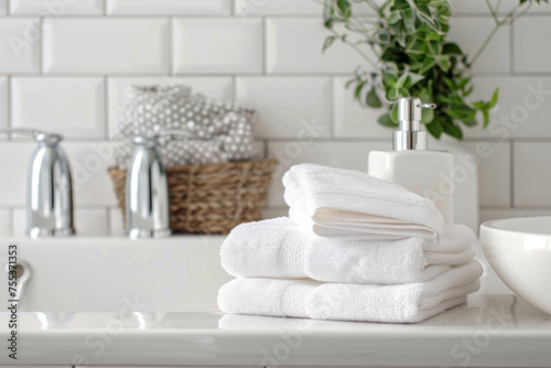 Serene White Bathroom Towels and Accessories on Marble Counter