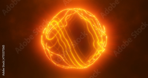 Abstract yellow orange glowing digital high-tech futuristic energy plasma sphere with lines and particles on dark black background
