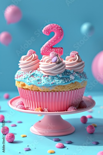Cute Pink Cake with Number Two Made of Sugar
