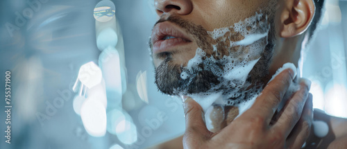 Close-Up of Man Applying Shaving Cream Before Grooming photo
