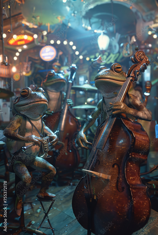 Frogs as jazz musicians playing a lively set in a smoky