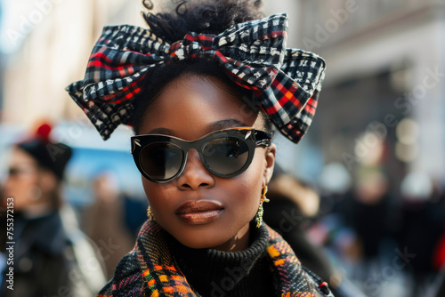 Stylish African American Woman with Bow Headband and Sunglasses on City Street