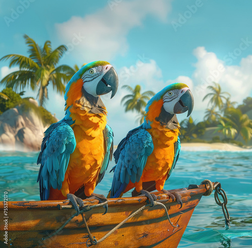 Parrots as pirates searching for treasure on a tropical island in a 3D-rendered fantasy sea