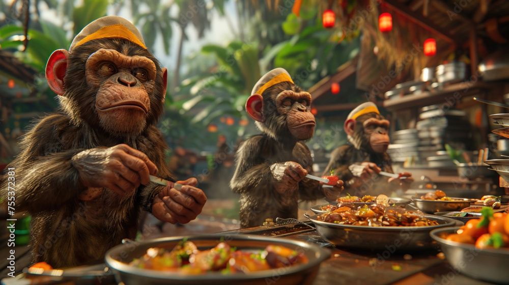 Monkeys as chefs in a bustling 3D gourmet kitchen