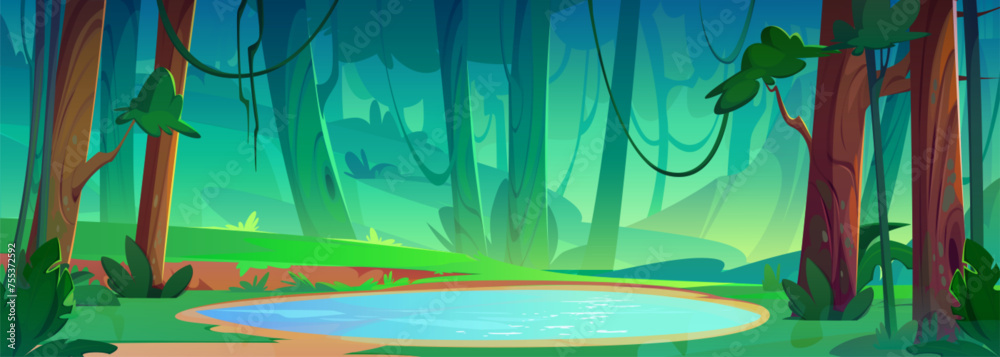 Cartoon vector summer forest landscape with lake. Little pond with blue clear water, shore with green grass, trees with moss and bushes. Spring panoramic nature scene of woodland with reservoir. - obrazy, fototapety, plakaty 