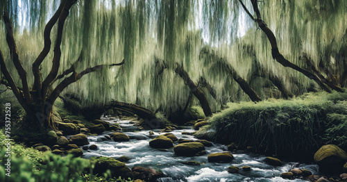 Whispering Willow Grove. Beneath ancient willow trees, their long branches trailing in a silver rive