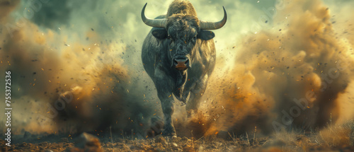 Raging bull in desert landscape. Dust cloud. Bull in action.