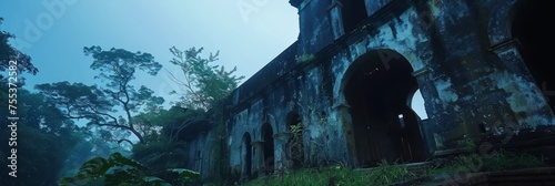 Abandoned Colonial Fort at Night Background - Haunting illustration of an abandoned colonial fort under the moonlight, its crumbling walls overtaken by the jungle created with Generative AI Technology