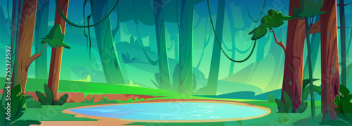 Cartoon vector summer forest landscape with lake. Little pond with blue clear water, shore with green grass, trees with moss and bushes. Spring panoramic nature scene of woodland with reservoir. © klyaksun
