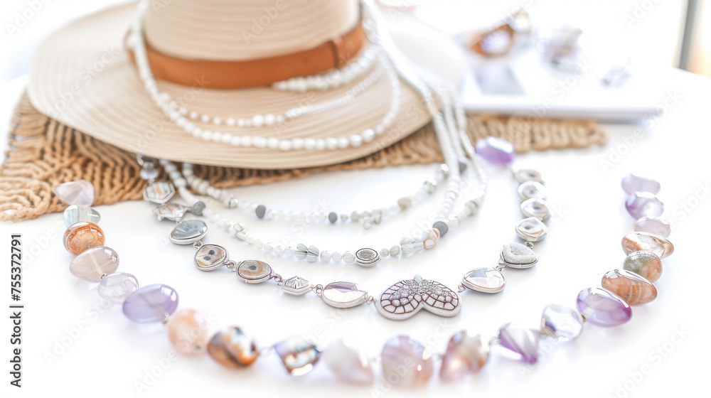 Elegant Summer Accessories: Sunhat, Pearls, and Gemstone Necklaces