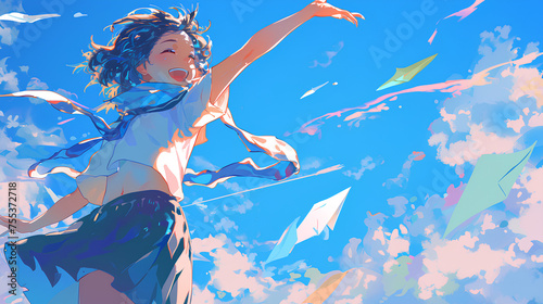 anime girl wearing a floating red scarf, sky background illustration
