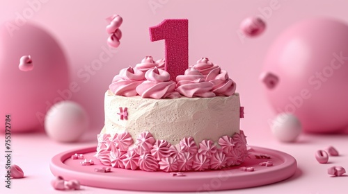 Feminine Pink Cake with  1  on top for a first birthday celebration