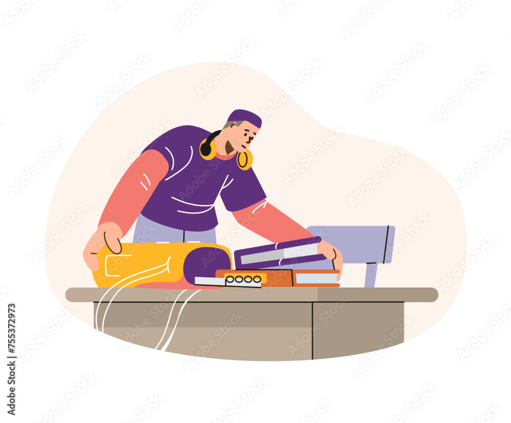 Fototapeta premium Student organizing study materials vector illustration