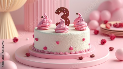 Three-Tiered Birthday Cake with Pink and White Decorations