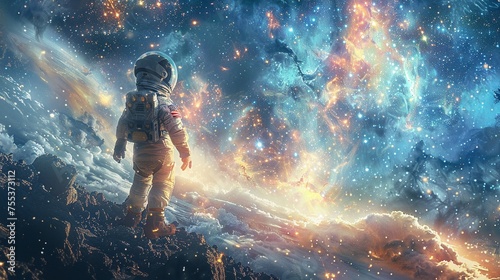 Child in a space suit reaching for stars