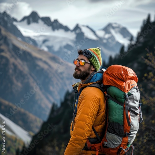 The Adventure Begins - A Man in an Orange Jacket Hiking in the Mountains © shelbys