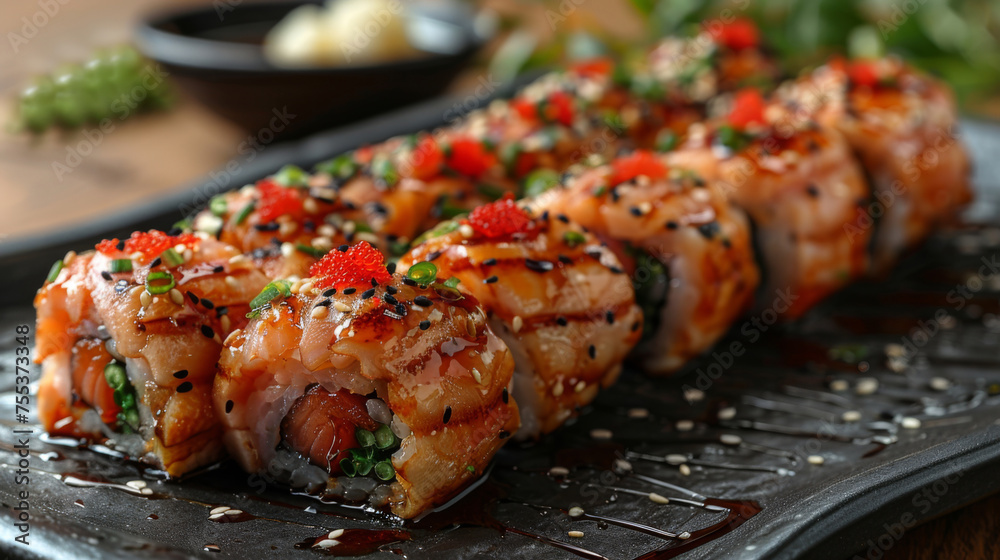 Delicious sushi rolls. Japanese seafood. Sushi servings, preparation, display.	