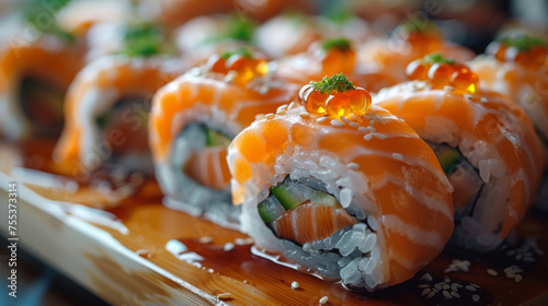 Delicious sushi rolls. Japanese seafood. Sushi servings, preparation, display. 