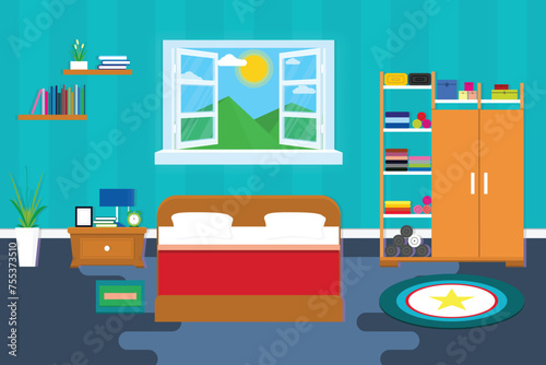 interior bedroom design with furniture for decorate. vector and illustration