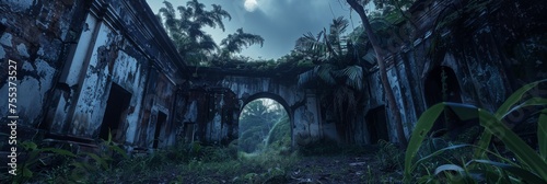 Abandoned Colonial Fort at Night Background - Haunting illustration of an abandoned colonial fort under the moonlight, its crumbling walls overtaken by the jungle created with Generative AI Technology