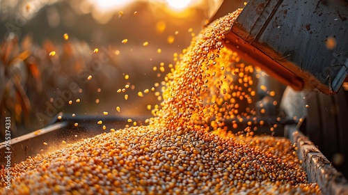 Freshly gathered crop of wheat grains in close-up in a field and wheat seeds spilling from a tractor or grinder onto the ground against a blurry sunny backdrop, Generative AI. photo