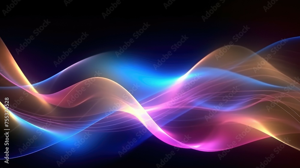 Abstract background with glowing particles, multicolored wave lines