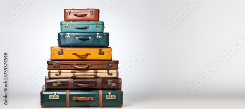 A pile of stacked suitcases on a minimal background. photo