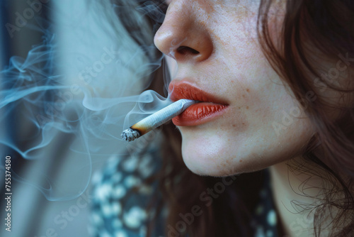 Close up of young woman smoking a cigarette