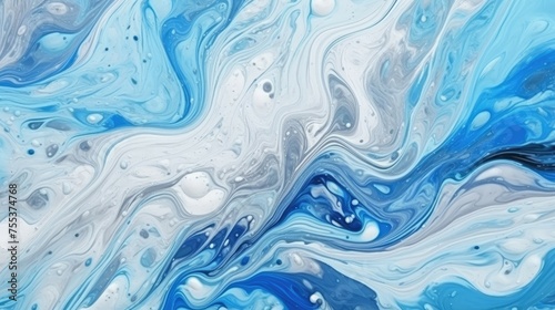 Abstract background of blue and white acrylic paints in water. Liquid marble pattern.