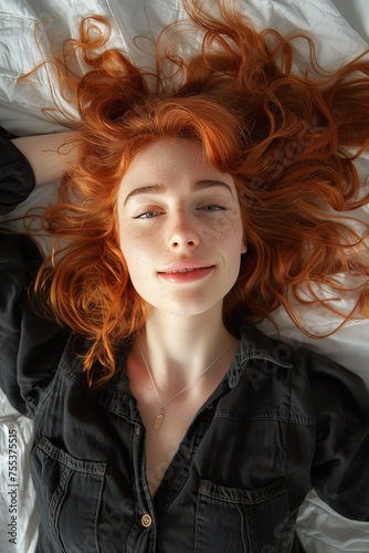 beautiful young woman with red hair lying in bed - photographed from above