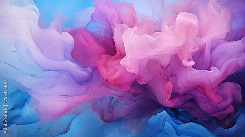 Abstract background of acrylic paints in blue, pink and white colors.