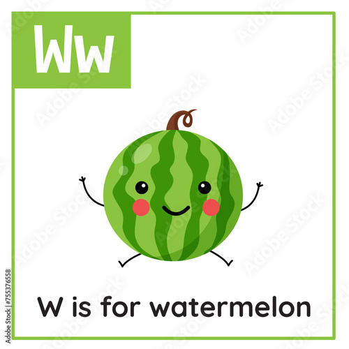 Learning English alphabet for kids. Letter W. Cute cartoon watermelon.