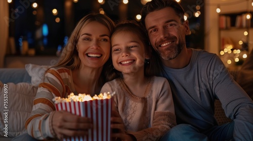 Happy family enjoying a movie experience with smiles and popcorn together in the living room.